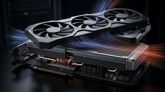 High performance graphics card with advanced cooling system and airflow visualization, digital technology concept