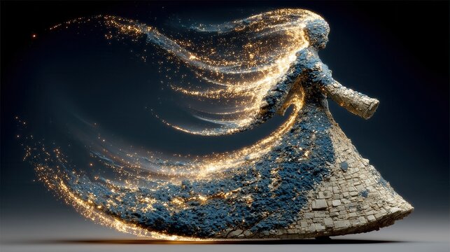 Sculpture of a figure with flowing hair made of light and texture