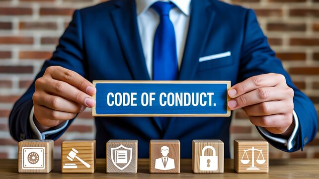 Code of conduct concept with businessman holding sign representing rules ethics and compliance