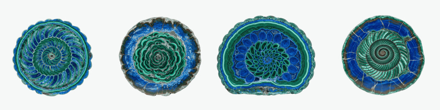 Collection of circular malachite and azurite mineral cross section slices