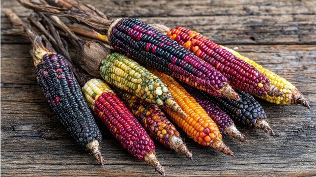Several dried ears of multicolored ornamental corn are displayed diagonally across a rustic wooden surface.