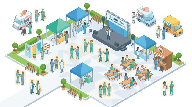 Healthcare Heroes Appreciation Event Isometric Vector Illustration Showing Medical Workers Gathering and Enjoying Food Trucks