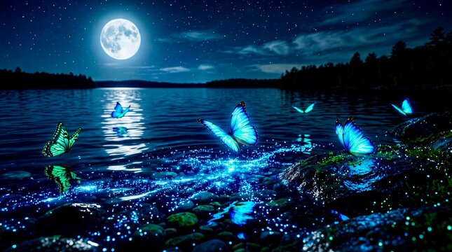 Bright bioluminescent blue butterflies dance over a glowing river under a full moon at night in a quiet forest setting