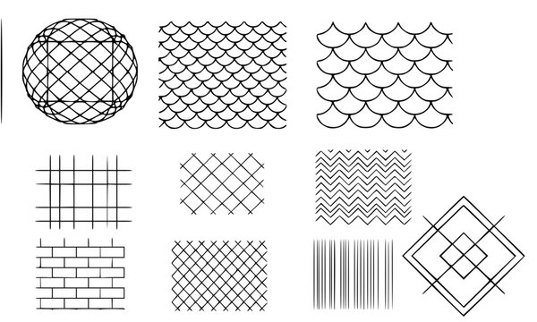 Geometric Grid Mesh and Pattern Set with Fish Scale, Wave, Brick, Diamond, and Line Textures in Black and White Outline Style for Background and Surface Design