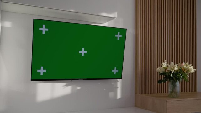A green screen is set up on a television in a living room. The room has natural light coming in and a simple design with plants and decor in the background.