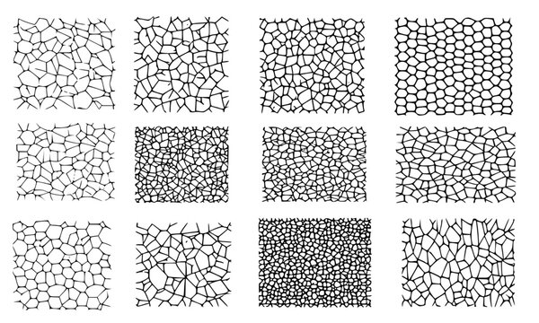  Seamless Mosaic Stone and Organic Cell Texture Pattern Set in Black and White Outline Style for Background, Wallpaper, and Surface Design