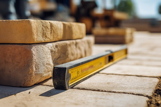 Outdoor paving work with stacked concrete blocks and a spirit level on a sunny day, tactile texture and progress detail