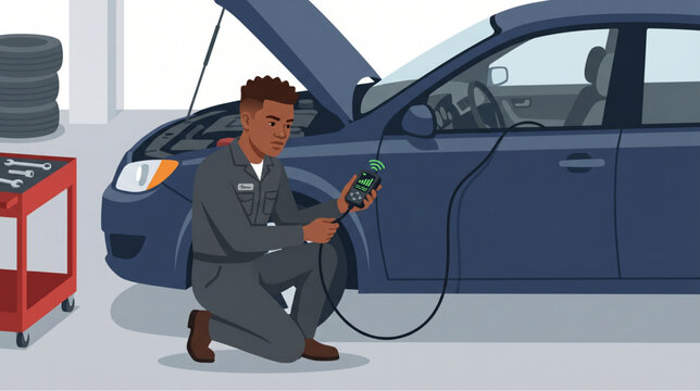 Auto mechanic using digital diagnostic reader to check car problem vector illustration