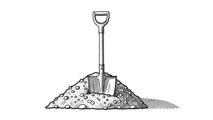 Shovel standing in pile of dirt or sand isolated on white background sketch. Manual labor construction tool in soil heap represents gardening work and build. © Yesyx