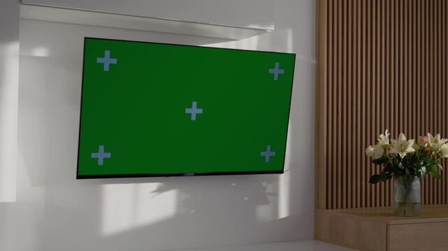 A green screen is placed on a television in a living room. The space has natural light and a flower arrangement. This setup can be used for video creation.