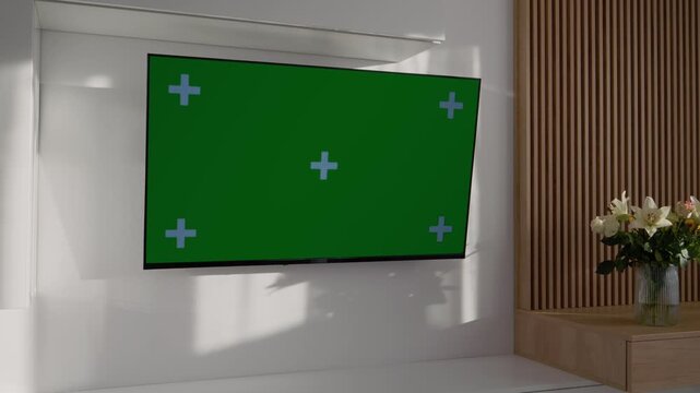 A living room setup with a green screen television is shown. The screen is ready for editing and adding custom backgrounds for different projects.