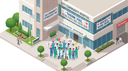 Fototapeta premium Healthcare Heroes Appreciation Isometric Illustration City Community Hospital Support Medical Workers Thank You Banner