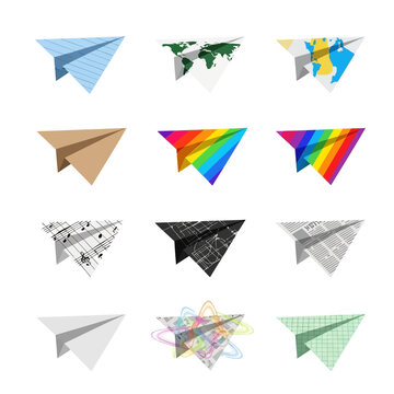 Set of twelve different paper airplanes with various textures including world map, rainbow stripes, musical notes, architectural blueprint, newspaper, graph paper and lined paper.