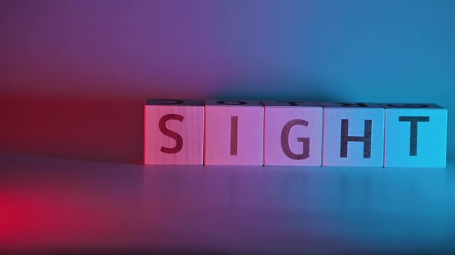 Colorful blocks are arranged to form the words insight and sight in a visually interesting setup. The dynamic lighting changes between blue and red, creating a vibrant atmosphere
