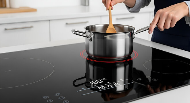 Woman cooking on induction stove in modern kitchen