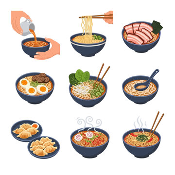 Vector illustration set of nine diverse Japanese ramen noodle soup bowls and plates of gyoza dumplings featuring toppings like chashu pork, soft-boiled eggs, nori, and narutomaki fish cakes.