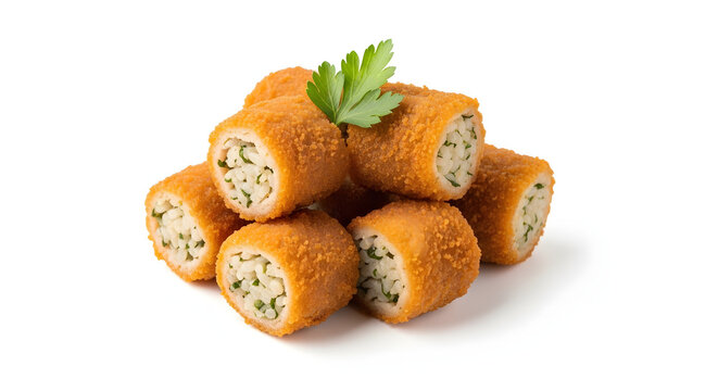 Golden fried Egyptian Mombar rice-stuffed intestines pieces garnished with parsley isolated on white background