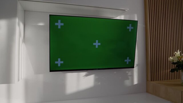 A green screen is set up on a television in a living room. The room features soft light and a flower arrangement on the table nearby.