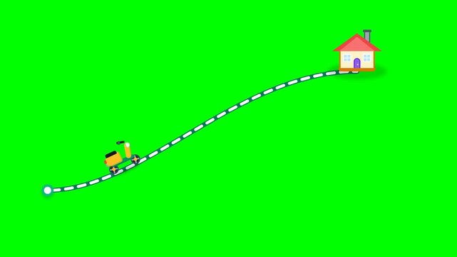 Yellow Scooter Animation Moving on Dashed Path Towards House on Green Screen for Delivery and Logistics Concept