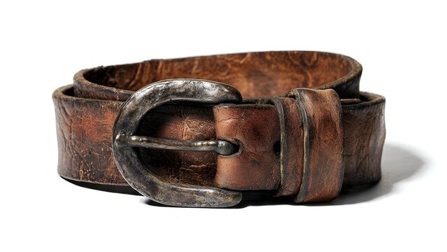 Close-up of a worn, distressed brown leather belt with a dark, antique metal buckle, presented on a
