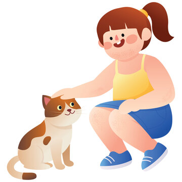 Kid and Pet Interaction Illustration. Vector illustration of Cute girl petting a friendly cat, perfect for pet care, animal friendship, childhood, and family lifestyle projects. Isolated on background