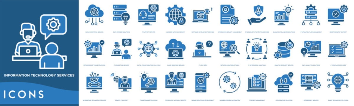 Information Technology Services icon set. Cloud Computing Services, Data Storage Solutions, IT Support Services, Managed Network Security, Software Development Services and Information Security Manage