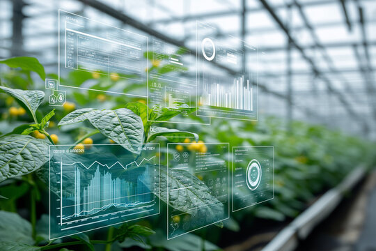 A digital interface showing plant growth data in a greenhouse, representing controlled environment agriculture with precision farming techniques and advanced greenhouse technology