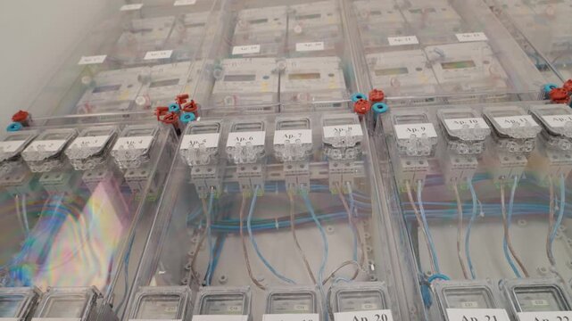 The electrical installations in a block with several meters and connected cables. Each meter has identification labels for clarity.