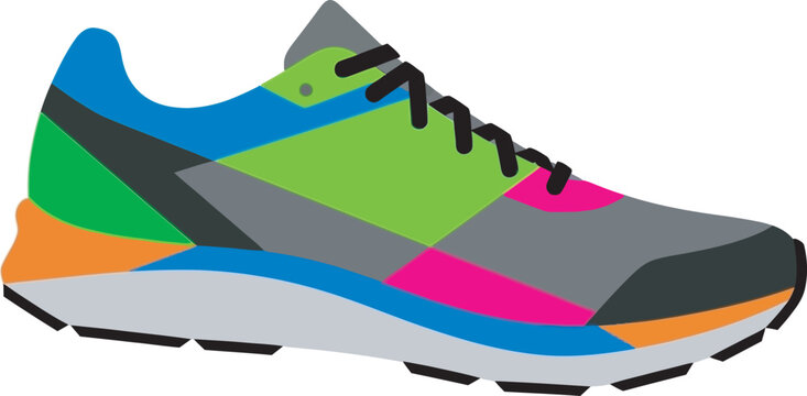 Vibrant multi-colored running shoe flat vector. Perfect for fitness apps, athletic branding, and modern retail layouts. High-quality colorful sneaker graphic for dynamic digital and print projects.