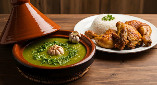 Green Molokhia soup in clay pot served with white rice and roasted chicken on rustic wooden table