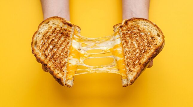 Deliciously gooey grilled cheese sandwich pulled apart with melted cheese stretching in a vibrant yellow studio background