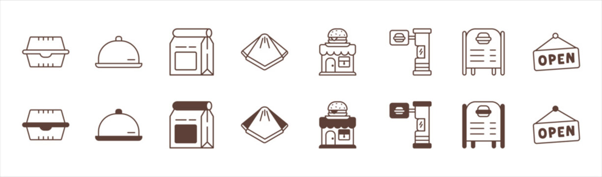 Restaurant service packaging icon line set takeaway box bag tray storefront drive thru open sign outline vector illustration
