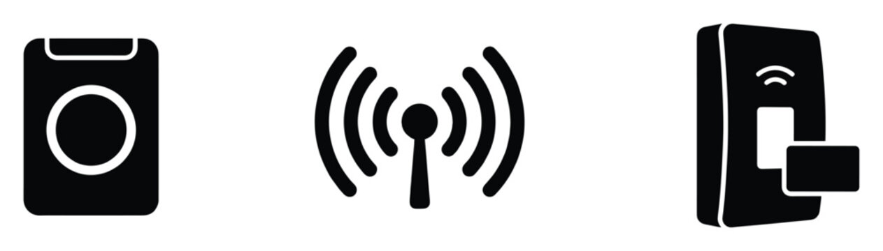 Modern technology icons for secure access, wireless communication, and contactless payment systems