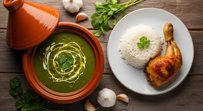 Green Molokhia soup in clay pot served with white rice and roasted chicken on rustic wooden table