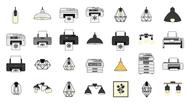 Large collection of modern interior icons featuring various pendant lamps, printers with paper, and home decor.