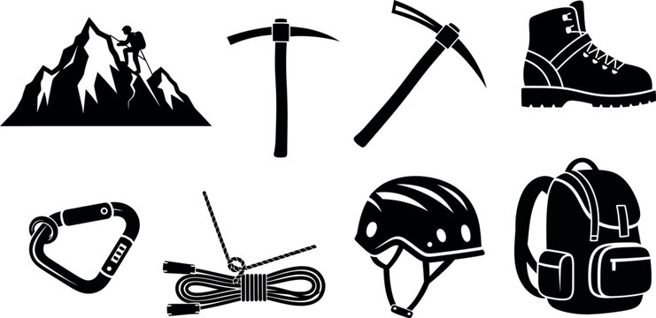 hiking adventure gear set flat design vector illustration with mountain climbing tools