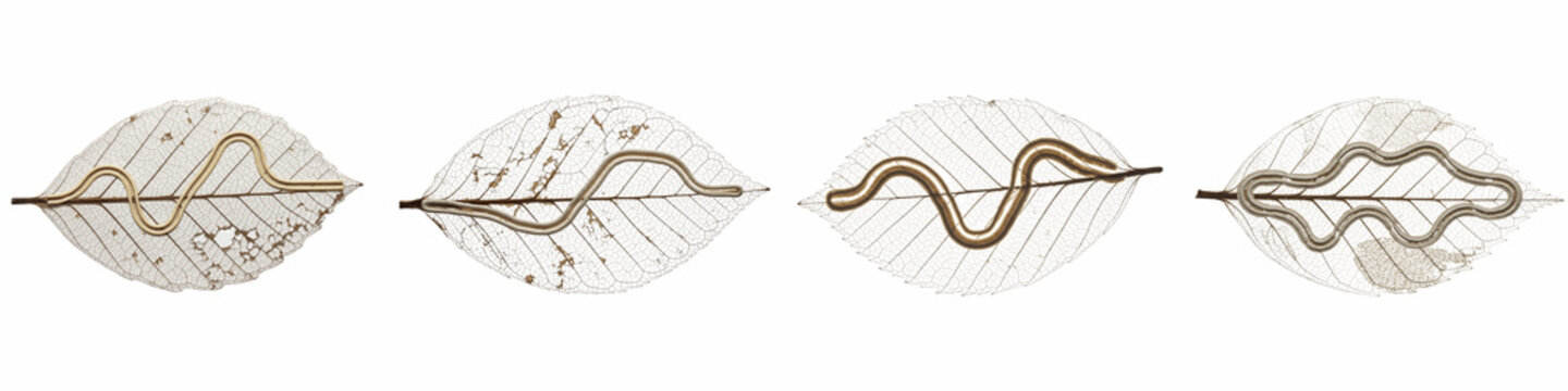 Collection of four delicate leaf skeletons with abstract metallic waves