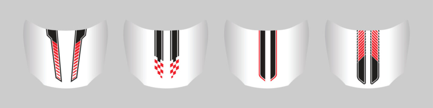 Sports car hood racing stripe and decal set. Isolated vector illustration of red and black geometric speed lines and checkered patterns for vehicle bonnet wrap and automotive styling design.
