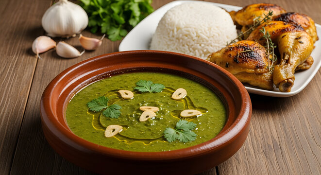 Green Molokhia soup in clay pot served with white rice and roasted chicken on rustic wooden table