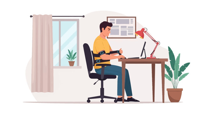 Flat vector illustration of a man sitting at a desk wearing a wearable posture correction sensor and back brace while working on a computer in a modern home office with plants.