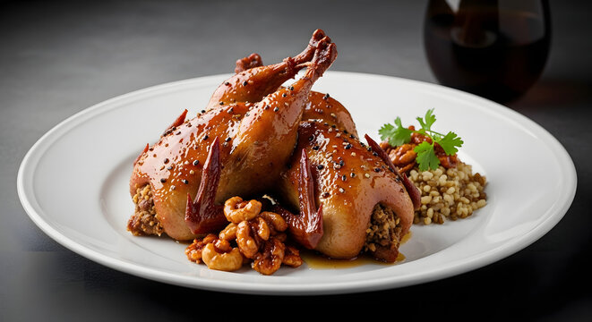 Roasted Egyptian stuffed pigeon Hamam Mahshi with freekeh and caramelized nuts on a white plate