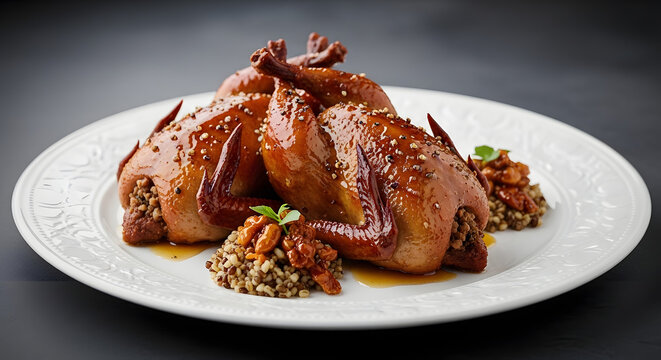 Roasted Egyptian stuffed pigeon Hamam Mahshi with freekeh and caramelized nuts on a white plate