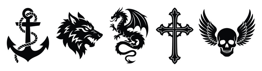 Fototapeta premium Graphic vector symbols anchor wolf dragon cross and winged skull for tattoo and logo designs