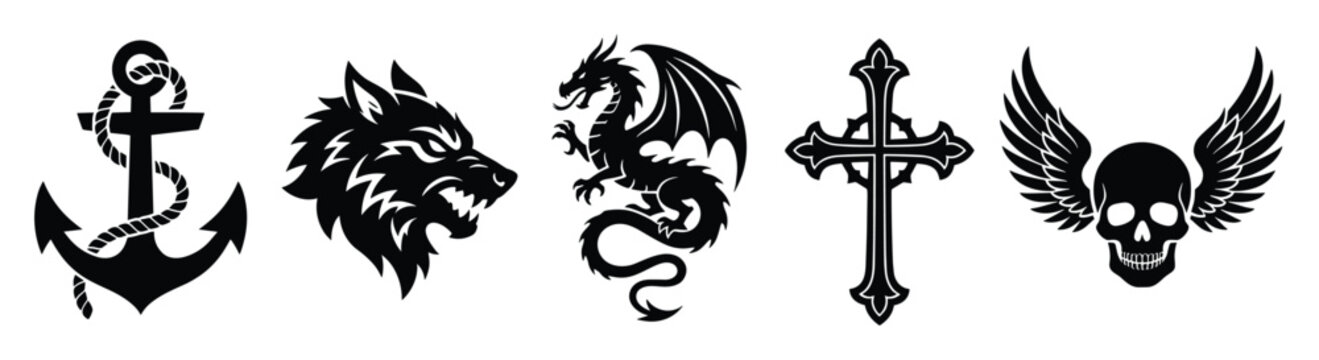 Graphic vector symbols anchor wolf dragon cross and winged skull for tattoo and logo designs
