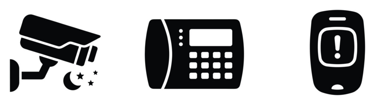 Surveillance camera, alarm keypad, and panic button icons for home security solutions.