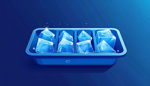 blue plastic ice cube tray filled with fresh clear ice on dark background