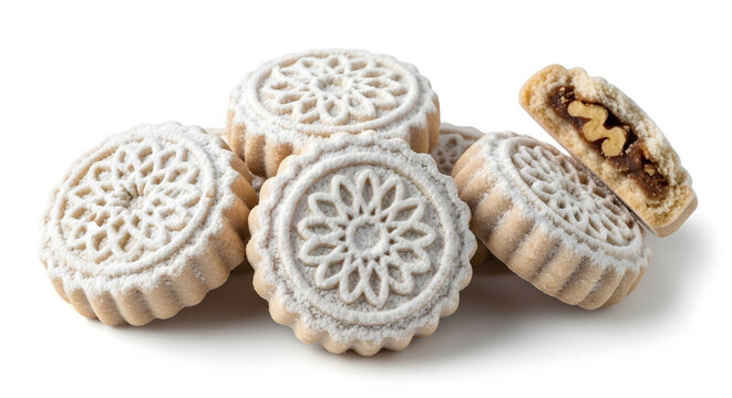 Stack of Egyptian Kahk embossed shortbread cookies dusted with powdered sugar, isolated on a pure white background