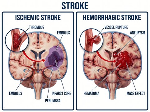 Detailed Illustration of Ischemic and Hemorrhagic Stroke with Key Components and Explanations for Study