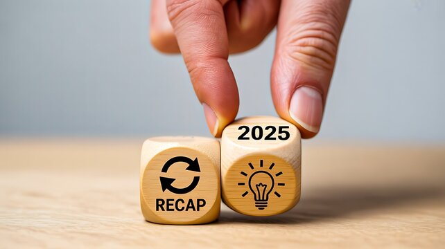 Wooden blocks with recap and 2025 year symbol representing review summary and future planning concept