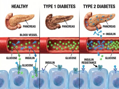Detailed Comparison of Healthy Pancreas with Type 1 and Type 2 Diabetes Mechanisms in Human Body